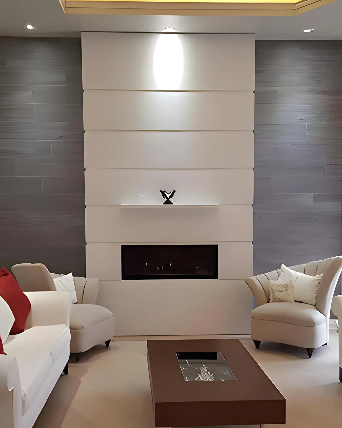 Living room with custom interior design of fireplace and wall.